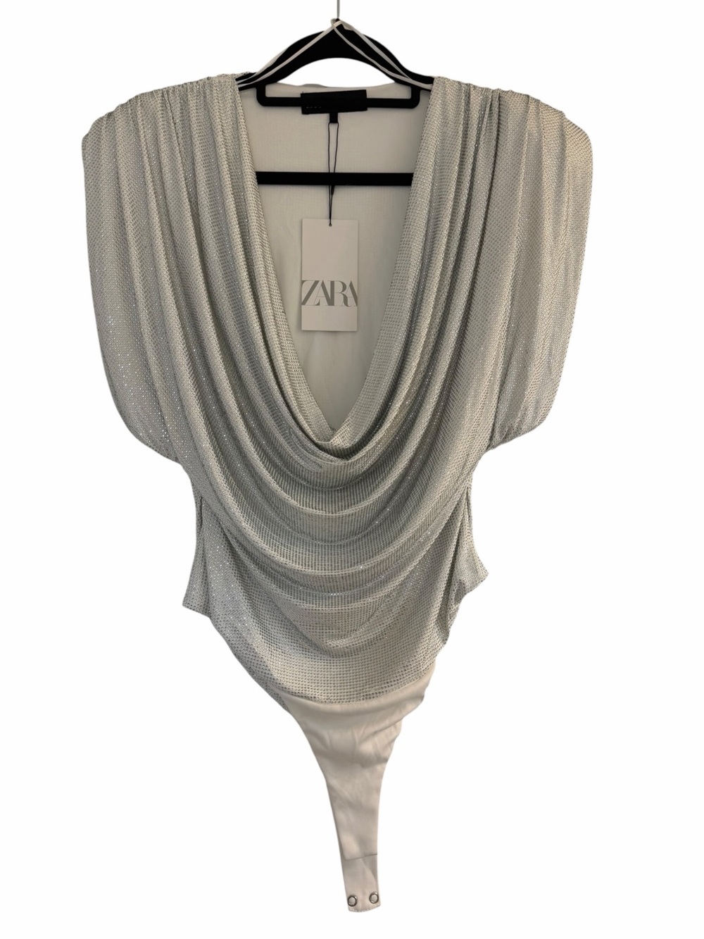 ✅ NWT ZARA Gorgeous JEWEL SHOULDER PADDED Silver Gray BODYSUIT size S - Picture 7 of 16